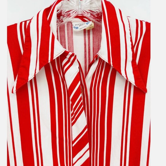 Vtg PERMANENT PRESS 80's Retro Red White Stripe BD LSV Dagger Collar Blouse 34 - Picture 2 of 7